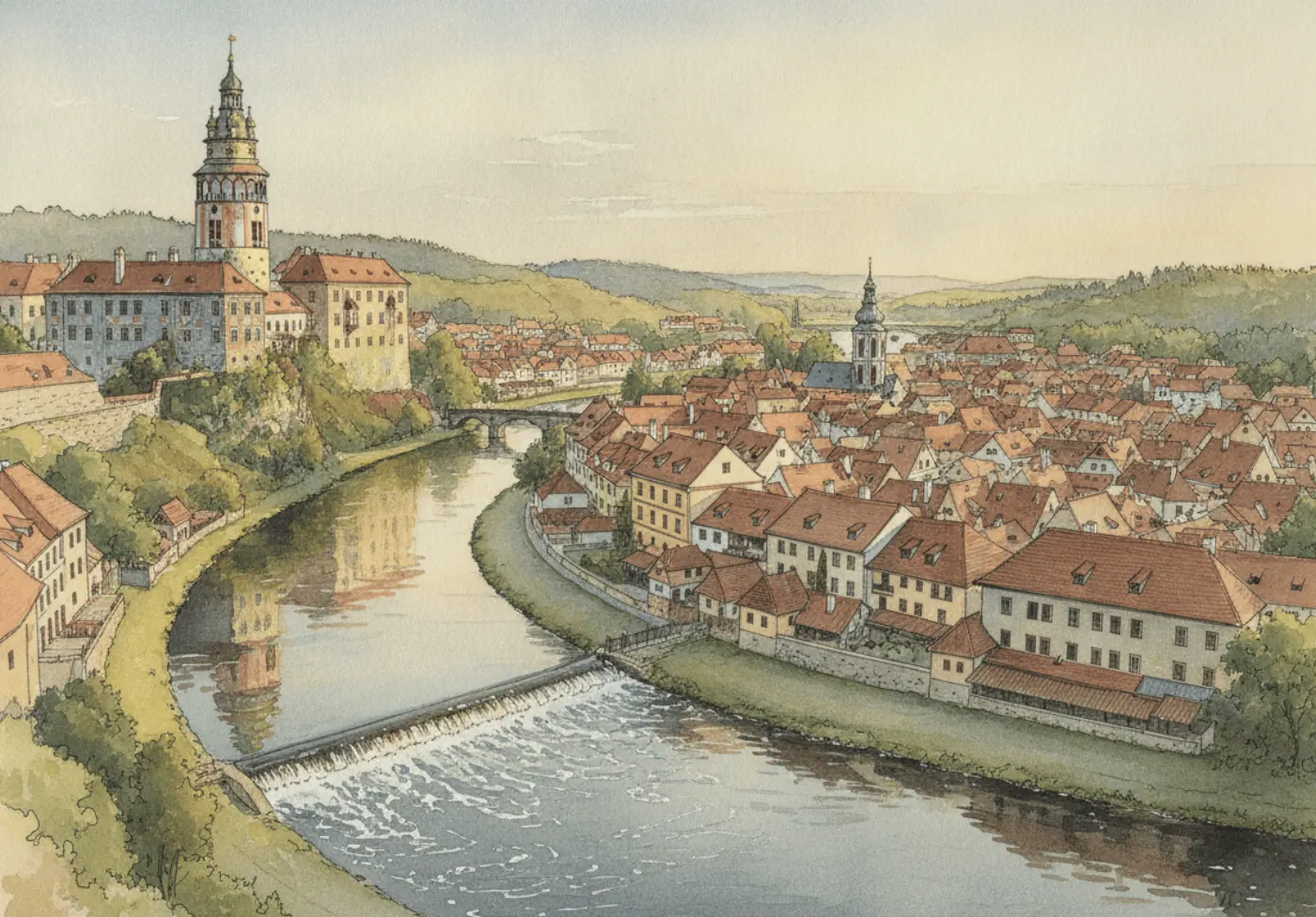 Watercolour of Cesky Krumlov, Czech Republic